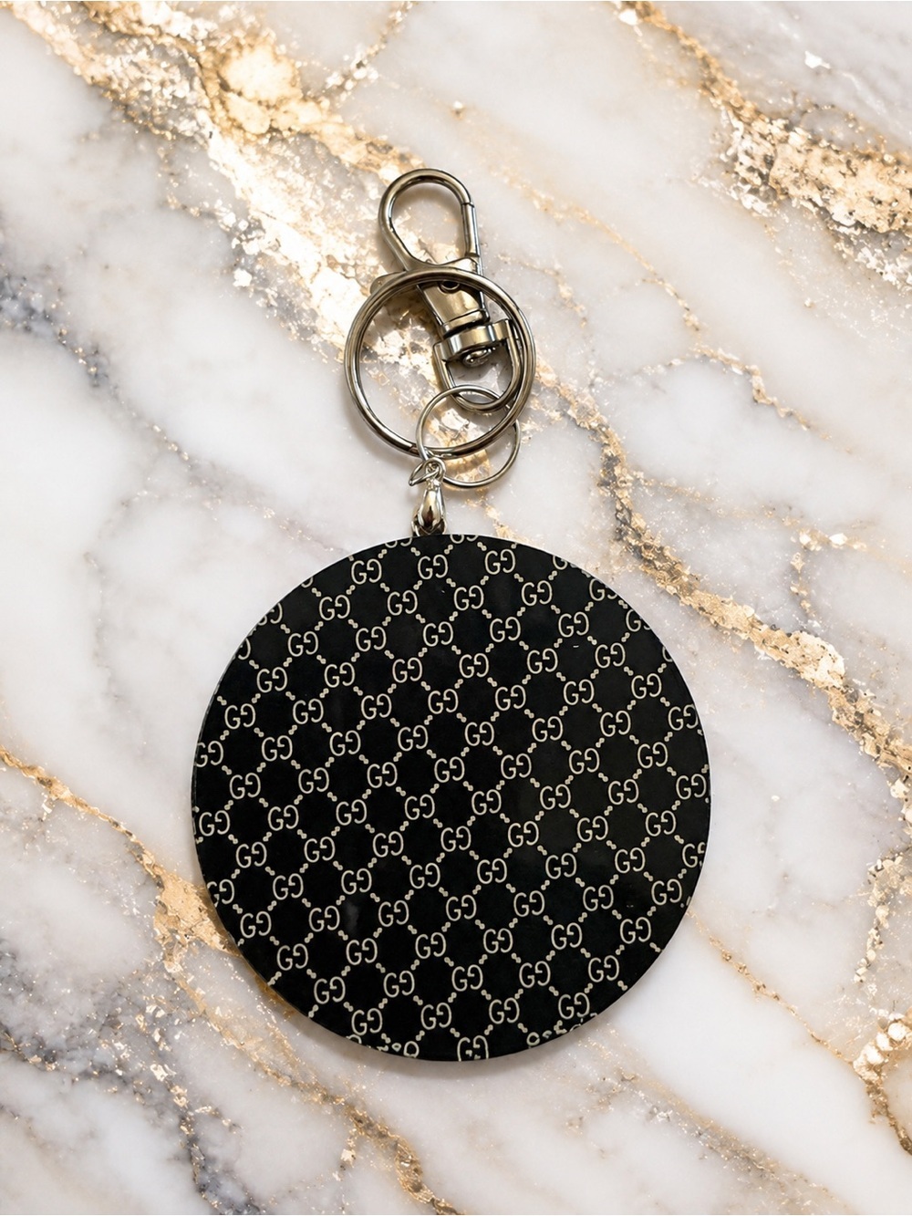 Black Monogram Round Bag Charm Keychain Handmade Luxe Fashion Accessory